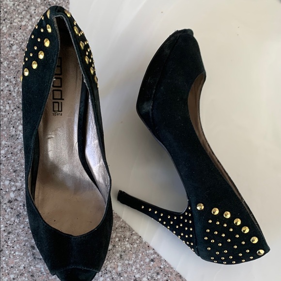 Moda Black and Gold Studded Peep-Toe 4 inch Heels. Preowned. Size 9.5M - Picture 1 of 11